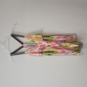 ANTHROPOLOGIE Tea and Honey Floridian Green Pink Abstract Silk Ruffle Front Tank